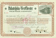 Share of the Philadelphia and West Chester Traction Company, issued 16 September 1895 Philadelphia and West Chester Traction Comp. 1895.jpg