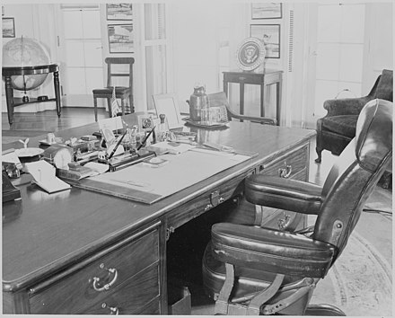 View of the back of the Theodore Roosevelt desk during the Truman administration in 1946
