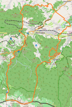 Mapa konturowa Piechowic, w centrum znajduje się punkt z opisem „źródło”, natomiast blisko centrum u góry znajduje się punkt z opisem „ujście”