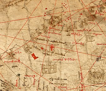 Detail of the 1367 Pizzigano chart, showing Tbilisi and its flag