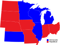 Midwestern Governors by party as of 2023 Political party affiliation of United States Governors in the Midwest.svg
