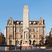 Cenotaph with wreaths laid for Remembrance Day (panorama)