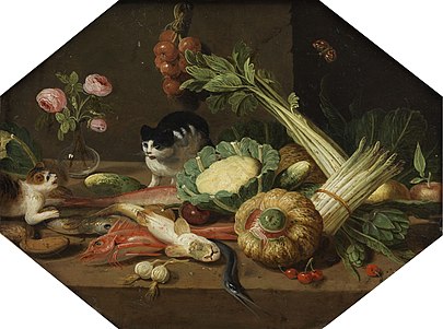 Still life with fish, vegetables, flowers and two cats, formerly attributed to Jan van Kessel the Younger and now to Pseudo-Jan van Kessel the Younger Pseudo-Jan van Kessel (II) - Still life with fish, vegetables, flowers and two cats.jpg