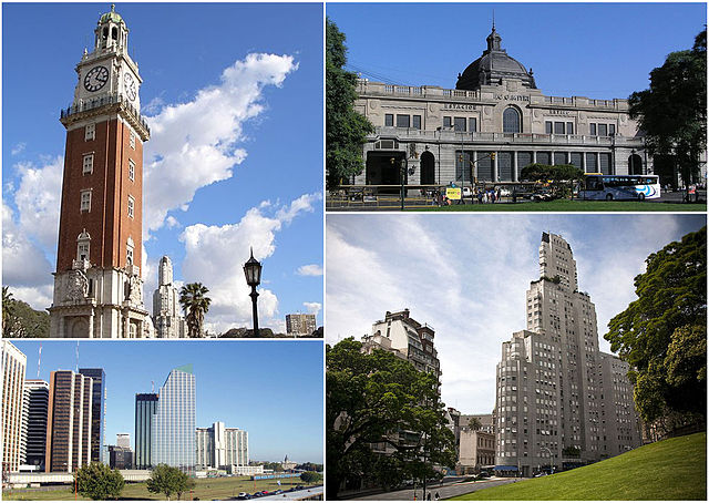 Clockwise from top: The Torre Monumental, the Retiro Railway Station, Catalinas Norte in the Central Business District and the Kavanagh Building with 