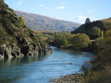 View of the Clutha River towards Roxburgh Bridge.