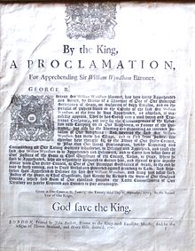 Handbill publishing the Royal Proclamation,dated 23 September 1715,for the "discovery and apprehension of Sir William Wyndham,Baronet"RoyalProclamation 1715 ForArrestOf SirWilliamWyndham 3rdBaronet.JPG