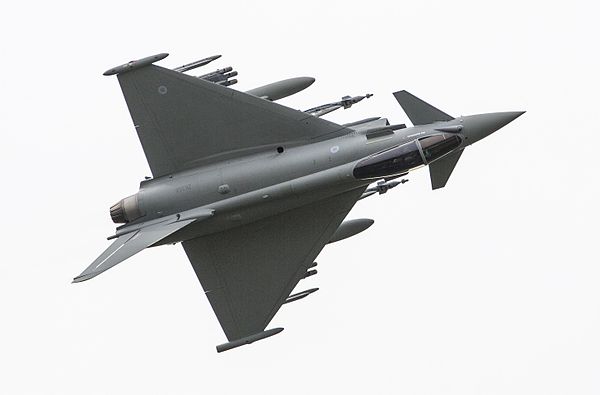 RAF Typhoon FGR4 ZK356 shows its delta wing, July 2016.