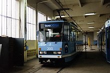 SM90 no.200 tram at Grefsen Depot, beside a SL79 tram. SM90 at Grefsen.jpg