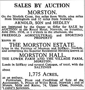 Advertisement for the sale of Morston Hall 1936 Sale ad Morston Hall 1936.jpg