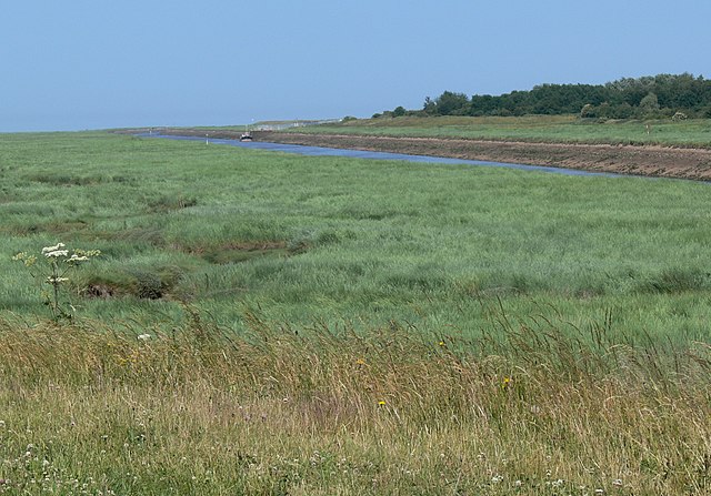The River Welland at the start of the Fosdyke Wash area of salt marshes where the river becomes a tidal outflow before entering The Wash