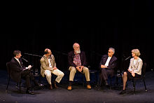 Marc Hauser sitting between Jon Meacham (far left) and Daniel Dennett (center), World Science Festival Science of Morality - World Science Festival - 92 St Y (2534904279).jpg