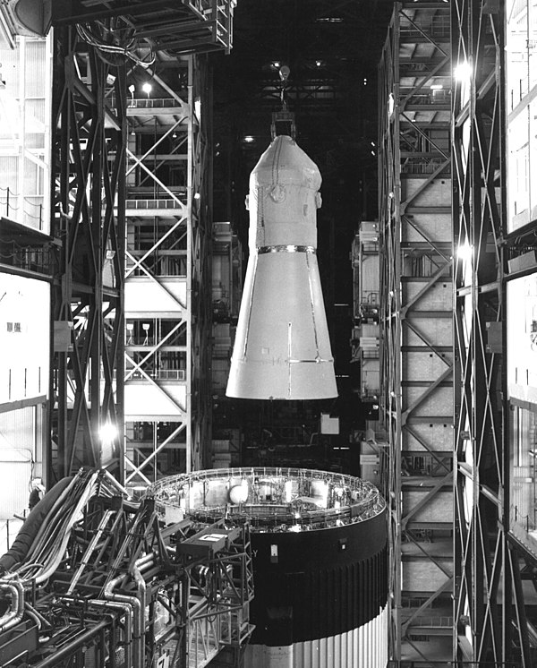 The Skylab Rescue CSM is removed from its Saturn IB Launch vehicle in the Vehicle Assembly Building, following the successful recovery of Skylab 4.