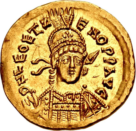 Coin of Leo II, minted in the name of "Leo and Zeno perpetual Augusti"; it belongs to the period when both Zeno and his son were joint emperors, between January and November 474.