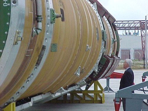 Senator Richard Lugar inspects an R-36M ICBM being readied for decommission under the Nunn-Lugar Program