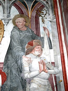 Engelbert I. moli v družbi svojega duhovnega zaščitnika Sv. Benedikta. Del poslikave v šentpavelskem samostanu