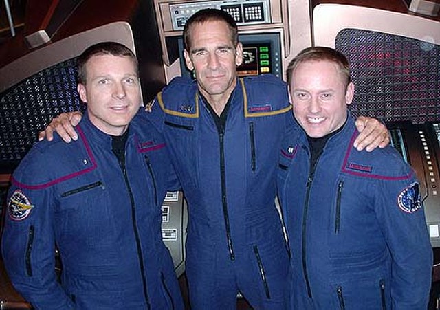Scott Bakula with astronauts Terry W. Virts and Michael Fincke during the filming of the final episode of Enterprise.