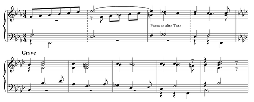 One of the tonal transitions from Passagagli sopra Fe fa ut per b. The composer's note reads: "Passing to another tone." Storace-passagagli-sopra-fe-transition.png