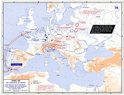 Kartskisse som viser de franske styrkenes konsentrasjon i Vesteuropa. De østerrikske styrkene er samlet i Sentraleuropa og de russiske styrkene er på vei vestover fra Østeuropa.