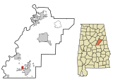 Talladega County Alabaman rekisteröidyt ja rekisteröimättömät alueet Oak Grove Highlighted.svg