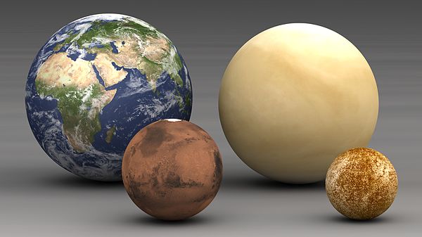 The inner planets (sizes to scale). From left to right: Earth, Mars, Venus and Mercury.