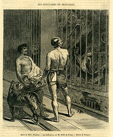 Les Belluaire ou Bestiaires. Gravure de J.A Bellet du Poisat, à partir d'un dessin de Pauquet. Salon de Paris, 1861. Lieu de conservation inconnu.