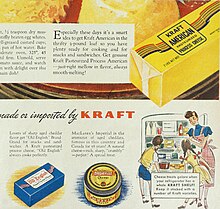 1948 advertisement for Kraft American Pasteurized Process Cheese, which came in a 2-pound (0.91 kg) block. The Ladies' home journal (1948) (14764744941).jpg