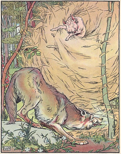 The wolf blows down the straw house in a 1904 adaptation of the story. Illustration by Leonard Leslie Brooke.