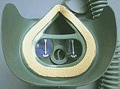 Inner view of a military aviators mask showing face seal, facepiece and inhalation valves Tightlysealedmask.jpg