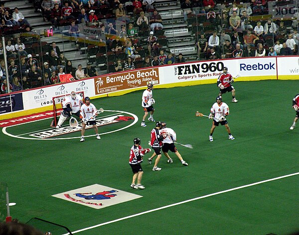 The New York Titans defend against the Calgary Roughnecks during the 2009 NLL Championship game, in Calgary.