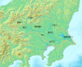 利根川流域（茶線の範囲）。江戸時代の利根川東遷事業で江戸川となった旧河口の流域も分岐している。