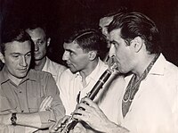 Mihailo Zivanovic (first left) and world-renowned clarinetist Tony Scott (first right). Tony Scott, jazz clarinetist.jpg