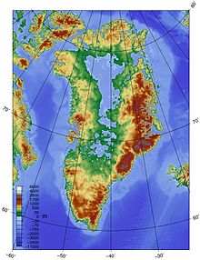 Greenland is isostatically depressed by the Greenland ice sheet such that parts of the bedrock surface in the interior are below sea level. Topographic map of Greenland bedrock.jpg