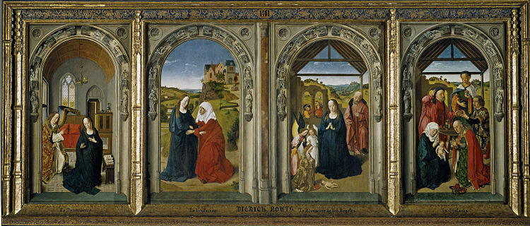 Dirk Bouts, Triptych of the Virgin's Life, circa 1445, oil on panel, 80 x 217 cm (31 x 85 in), Museo del Prado, Madrid. Triptico de la vida de la Virgen (Bouts).jpg