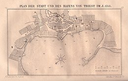 Trieste prima dell'istituzione del porto franco. Il Borgo Teresiano è ancora costituito da saline, mentre attorno alla Cittavecchia vi sono solo aree agricole.