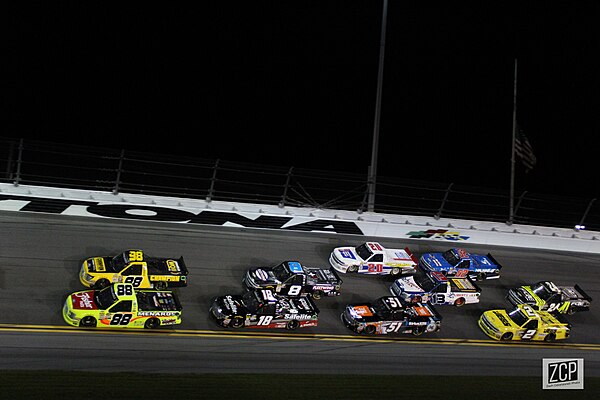 A pack of trucks drafting together in the 2018 race