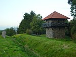 Wp 4/49 von Südwest, mit rekonstruiertem Limesabschnitt; im Hintergrund der „Barbarenstein“ (siehe weiter unten)