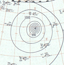Map of a tropical cyclone's position and other meteorological variables. The map shows isobars, or contours of barometric pressure, as lines with numbers denoting the pressure.