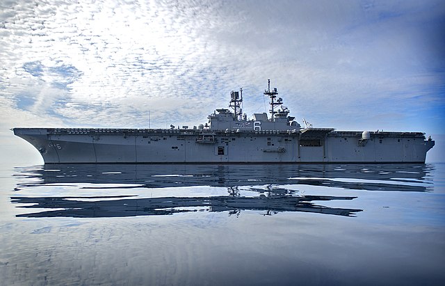 Profile view of USS America off Pascagoula on 9 November 2013