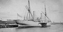 The 3,360-ton steamer USS Vanderbilt, in port during the Civil War. Vanderbilt's size, speed and range made her an ideal hunter for the Confederate Raider CSS Alabama, but she never located her prey. USS Vanderbilt cropped.jpg