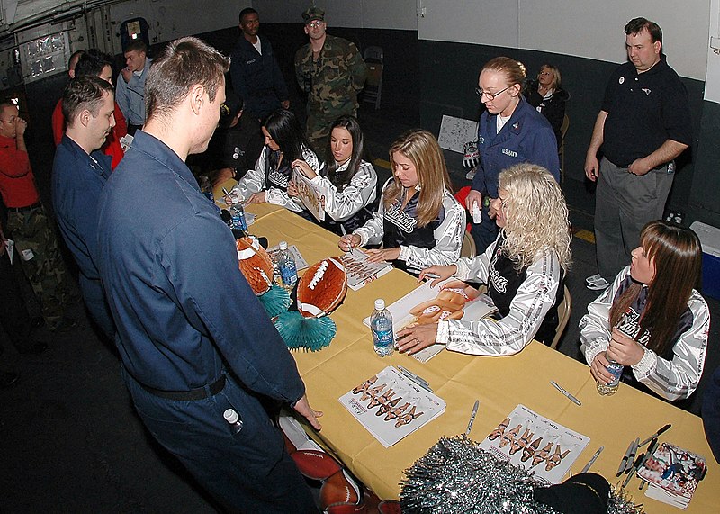 File:US Navy 060205-N-2779T-047 New England Patriots cheerleaders sign autographs for Sailors during the Super Bowl XL pre-game show aboard the Nimitz-class aircraft carrier USS George Washington (CVN 73).jpg