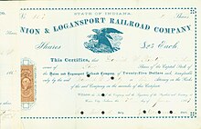 Share of the Union & Logansport Railroad Company, issued 7 June 1867 Union & Logansport RR 1867.jpg