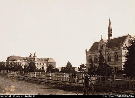 Mitchell Building, University of Adelaide (with man and penny farthing bicycle) & the Mortlock Library, North Terrace, Adelaide (looking West), 1879–1886