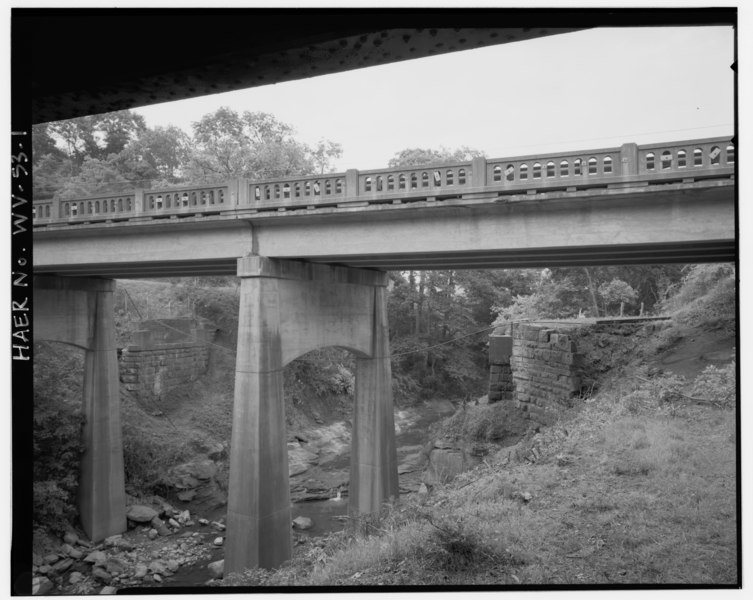 File:VIEW NORTHEAST, ABUTMENTS AND 1954 HIGHWAY BRIDGE - White's Creek Covered Bridge Abutments, Spanning White's Creek on Big Sandy River Road, Cyrus, Wayne County, WV HAER WVA,50-CYRUS.V,1-1.tif