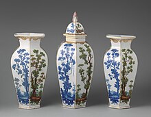 Garniture of three Bristol porcelain vases, c. 1773, painted by Michel Socquet. Vase with cover (part of a garniture of three vases) MET DP-12374-064.jpg