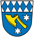 Gemeinde Dasing Unter silbernem Schildhaupt, darin nebeneinander fünf senkrechte blaue Rauten, in Blau eine schräge goldene Parte, am Stiel beseitet von einem sechsstrahligen silbernen Stern.