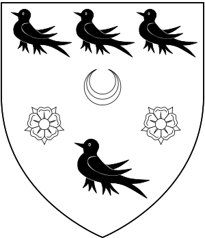 Arms of Watson, Baron Manton: Argent, on a chevron azure between four martlets three in-chief and one in-base sable a crescent between two roses of the field WatsonMantonArms.svg