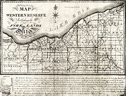 1826 map of the Connecticut Western Reserve in northern Ohio showing both survey and civil townships. The survey townships are represented by the numbers (horizontal "town" and vertical "range" numbers), and the civil townships using the same boundaries are represented by the names. Western Reserve Including the Fire Lands 1826.jpg