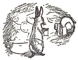 Rabbit standing at Winnie-the-Pooh's legs, hanging towels off of them