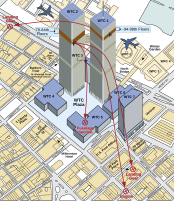 Schemat uderzeń samolotów w wieżę WTC i rozmieszczenie ich szczątków