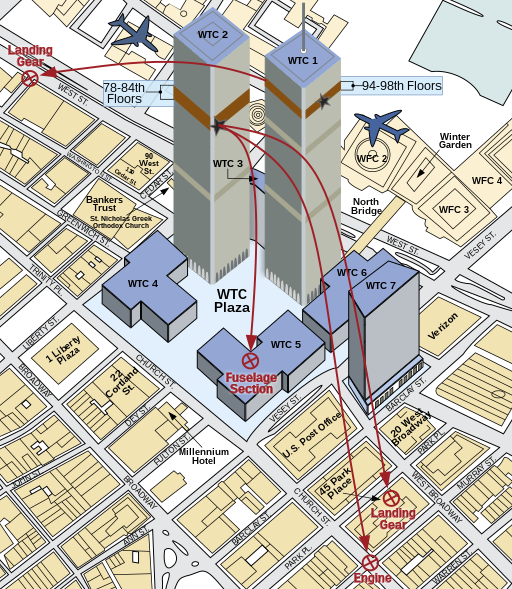 World Trade Center, NY - 2001-09-11 - Debris Impact Areas